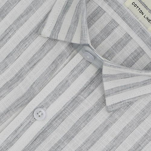 Men's Cotton Linen Awning Striped Half Sleeves Shirt (Grey)