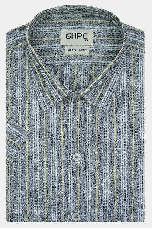Men's Cotton Linen Balance Striped Half Sleeves Shirt (Black)