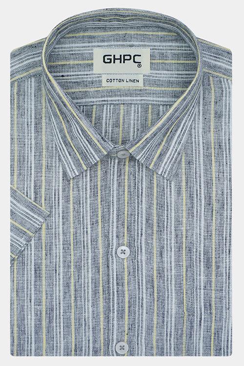 Men's Cotton Linen Balance Striped Half Sleeves Shirt (Blue)