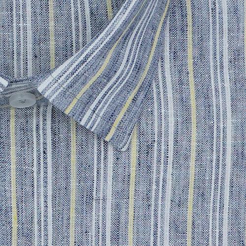 Men's Cotton Linen Balance Striped Half Sleeves Shirt (Blue)