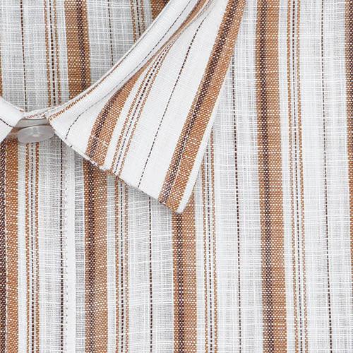 Men's Cotton Linen Balance Striped Half Sleeves Shirt (Brown)