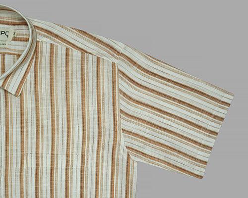 Men's Cotton Linen Balance Striped Half Sleeves Shirt (Brown)