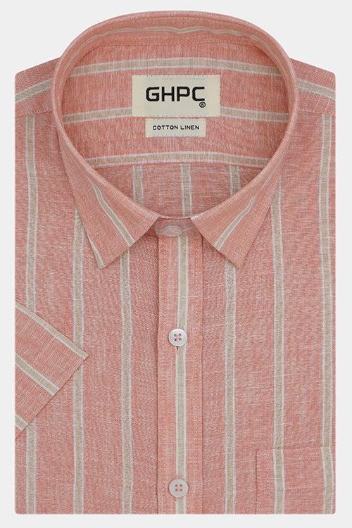 Men's Cotton Linen Balance Striped Half Sleeves Shirt (Peach)