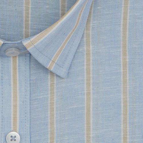 Men's Cotton Linen Balance Striped Half Sleeves Shirt (Sky Blue)