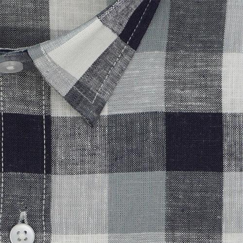 Men's Cotton Linen Big / Buffalo Checkered Half Sleeves Shirt (Misty Blue)