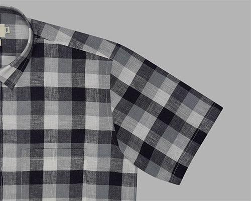 Men's Cotton Linen Big / Buffalo Checkered Half Sleeves Shirt (Misty Blue)