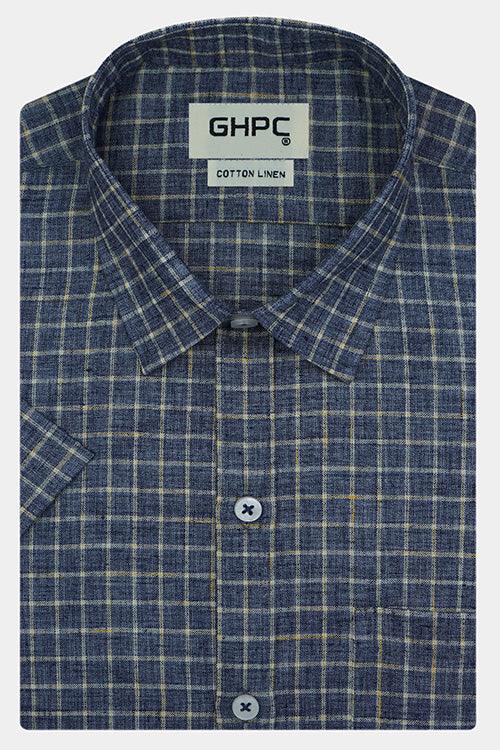 Men's Cotton Linen Graph Checkered Half Sleeves Shirt (Blue)