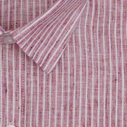 Men's Cotton Linen Hickory Striped Half Sleeves Shirt (Maroon)