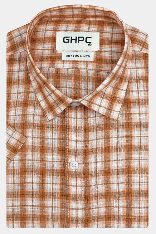 Men's Cotton Linen Plaid Checkered Half Sleeves Shirt (Orange)