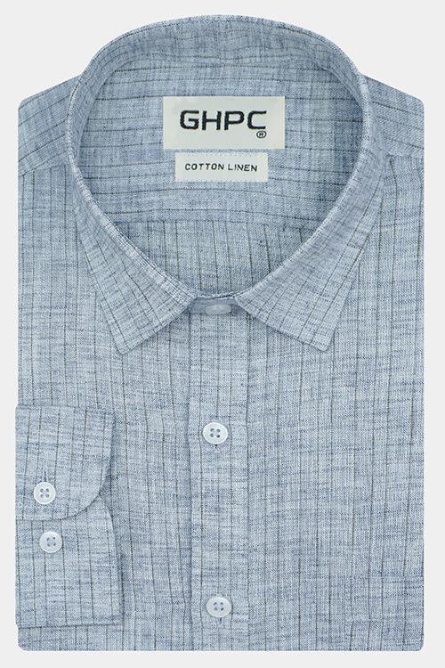 Men's Cotton Linen Wide Pin Striped Full Sleeves Shirt (Blue)