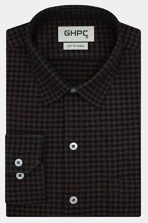 Men's Winter Wear Cottswool Gingham Checkered Full Sleeves Shirt (Brown)