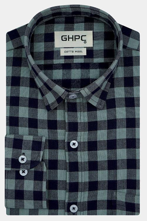 Men's Winter Wear Cottswool Gingham Checkered Full Sleeves Shirt (Steel Grey)