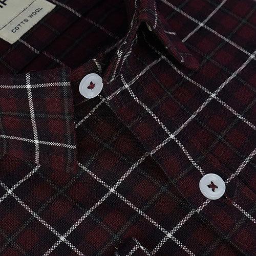 Men's Winter Wear Cottswool Grid Tattersall Checkered Full Sleeves Shirt (Burgundy)