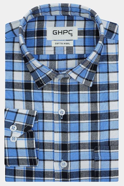 Men's Winter Wear Cottswool Grid Tattersall Checks Full Sleeves Shirt (Blue)