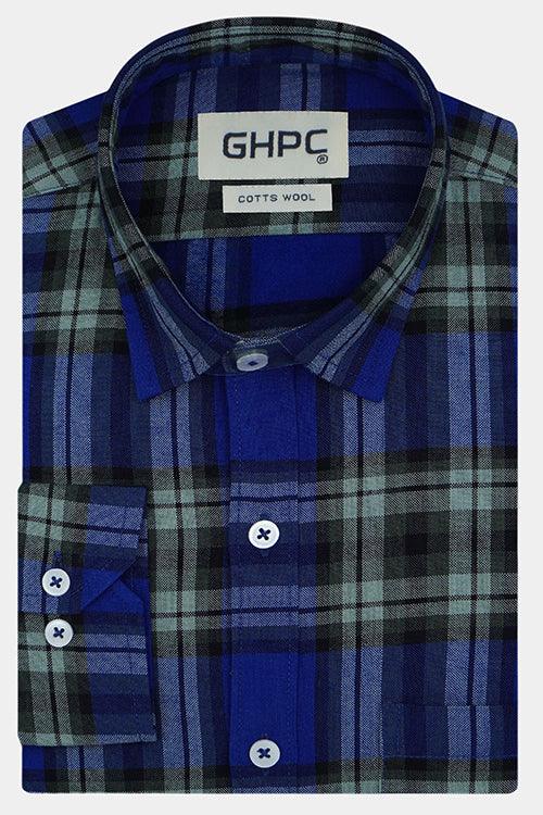 Men's Winter Wear Cottswool Plaid Checkered Full Sleeves Shirt (Blue)