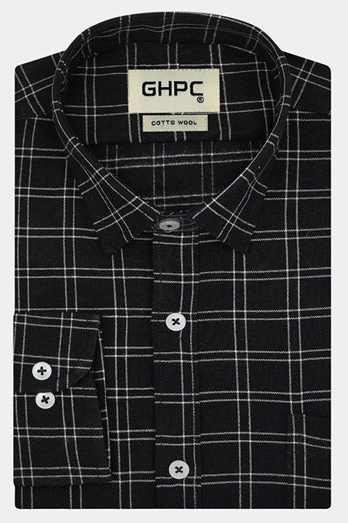 Men's Winter Wear Cottswool Windowpane Checkered Full Sleeves Shirt (Black)