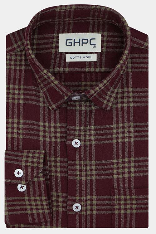 Men's Winter Wear Cottswool Windowpane Checkered Full Sleeves Shirt (Maroon)