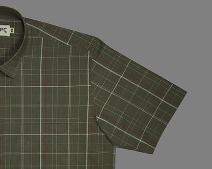 Men's 100% Cotton Grid Tattersall Checkered Half Sleeves Shirt (Olive) FSH304715_5