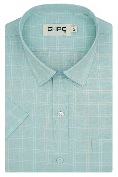 Men's 100% Cotton Windowpane Checkered Half Sleeves Shirt (Sea Green) FSH507614_1