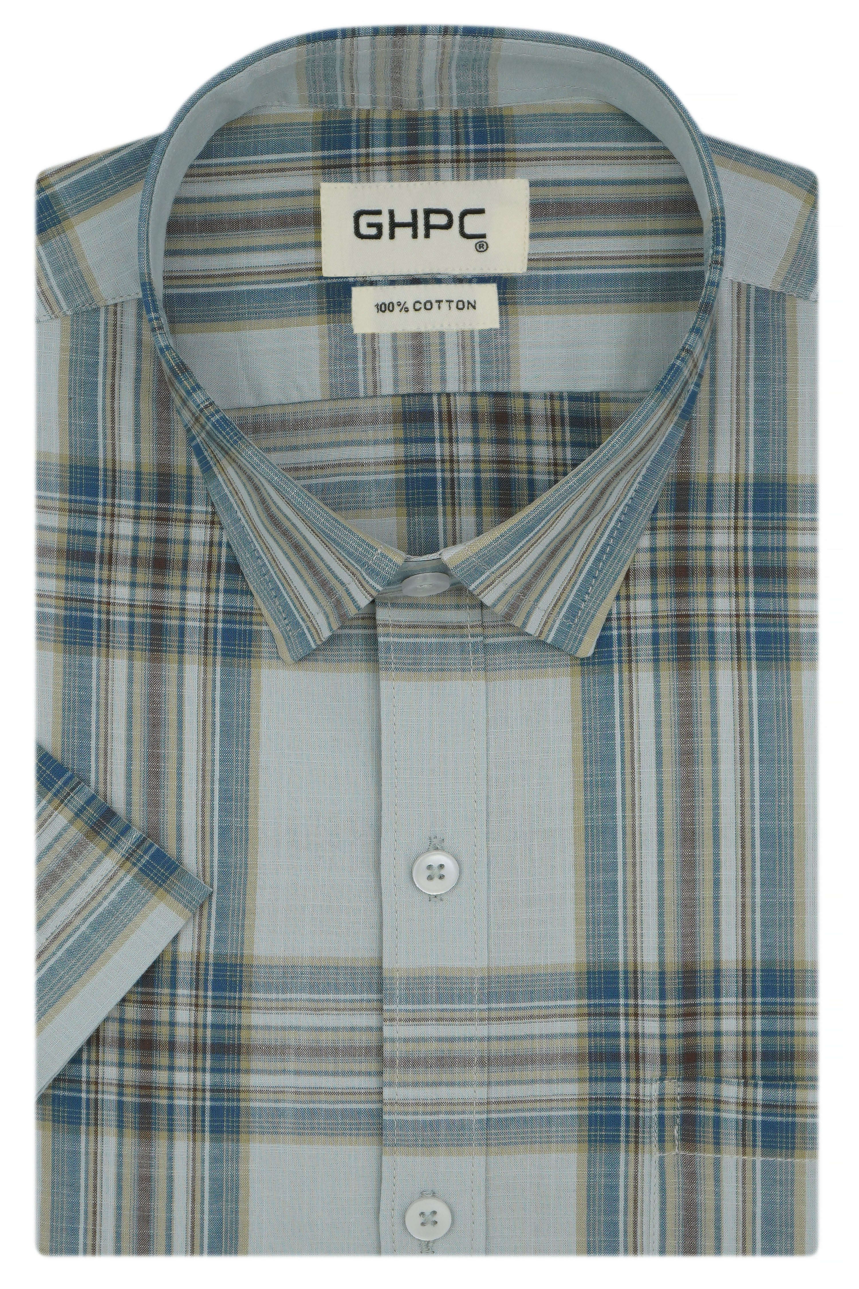 Men's 100% Cotton Windowpane Checkered Half Sleeves Shirt (Misty Blue) FSH510069_1
