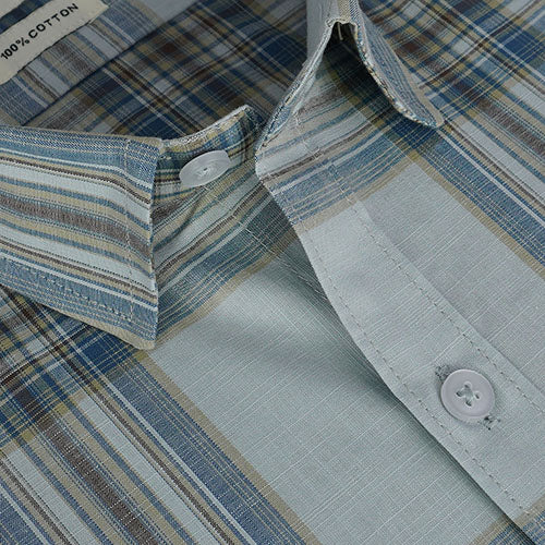 Men's 100% Cotton Windowpane Checkered Half Sleeves Shirt (Misty Blue) FSH510069_4