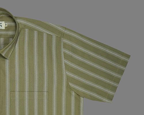 Men's 100% Cotton Balance Striped Half Sleeves Shirt (Olive)