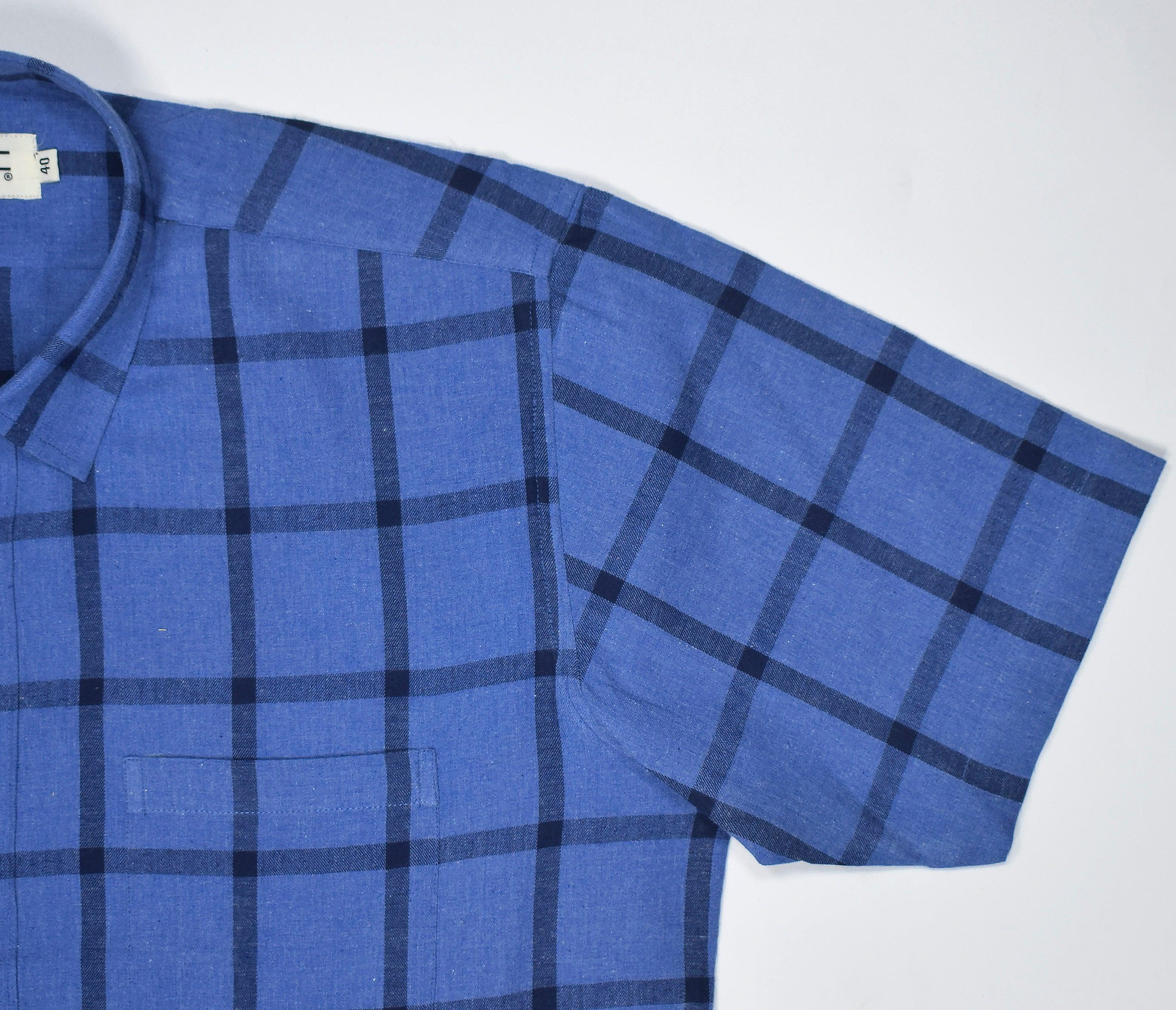 Men's 100% Cotton Big Buffalo Checkered Half Sleeves Shirt (Blue)