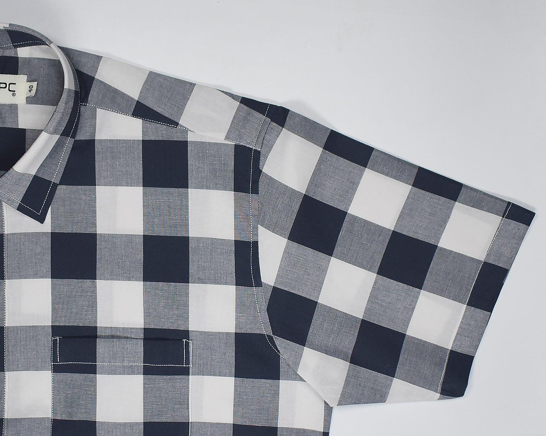 Men's 100% Cotton Big Buffalo Checkered Half Sleeves Shirt (Navy)
