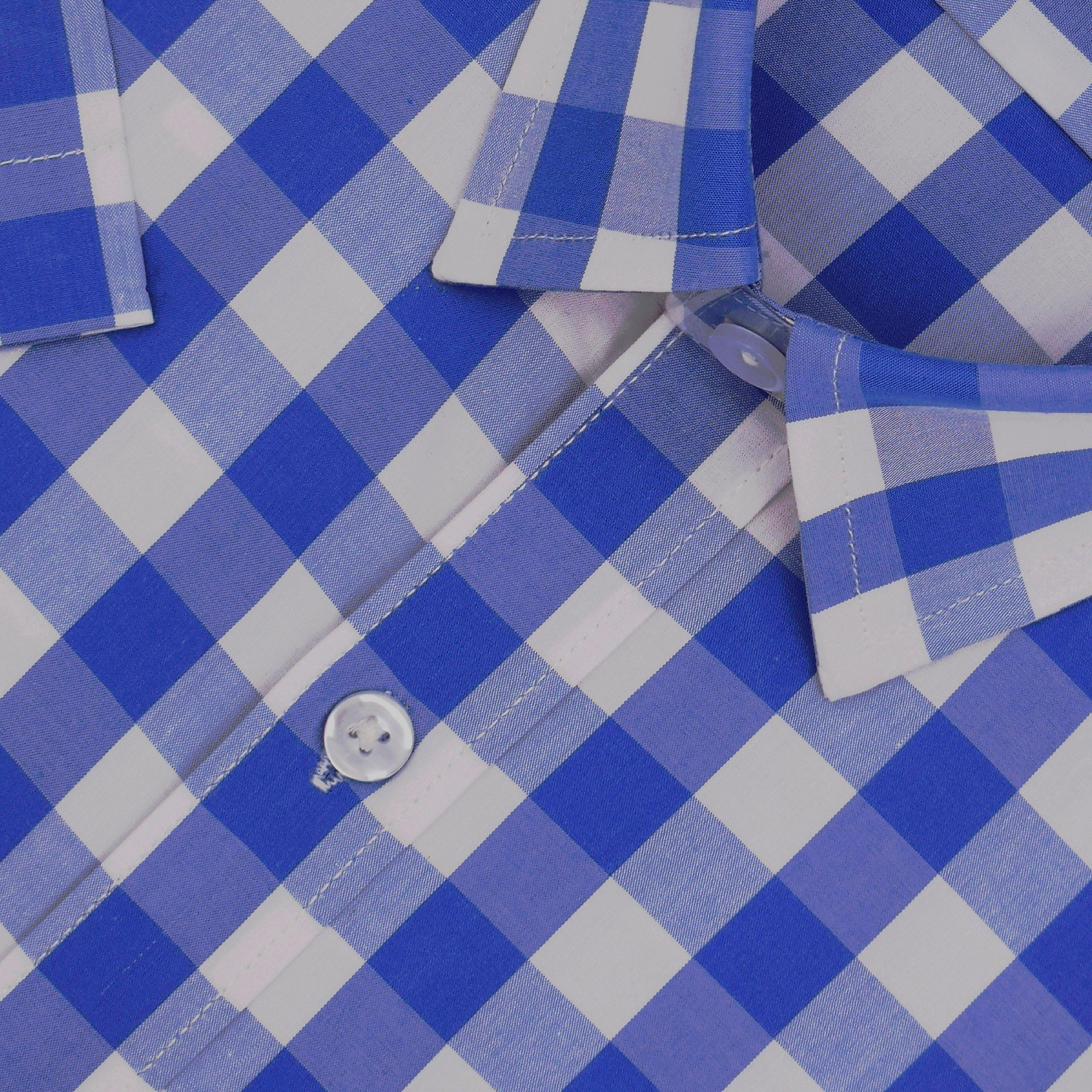Men's 100% Cotton Gingham Checkered Half Sleeves Shirt (Blue)