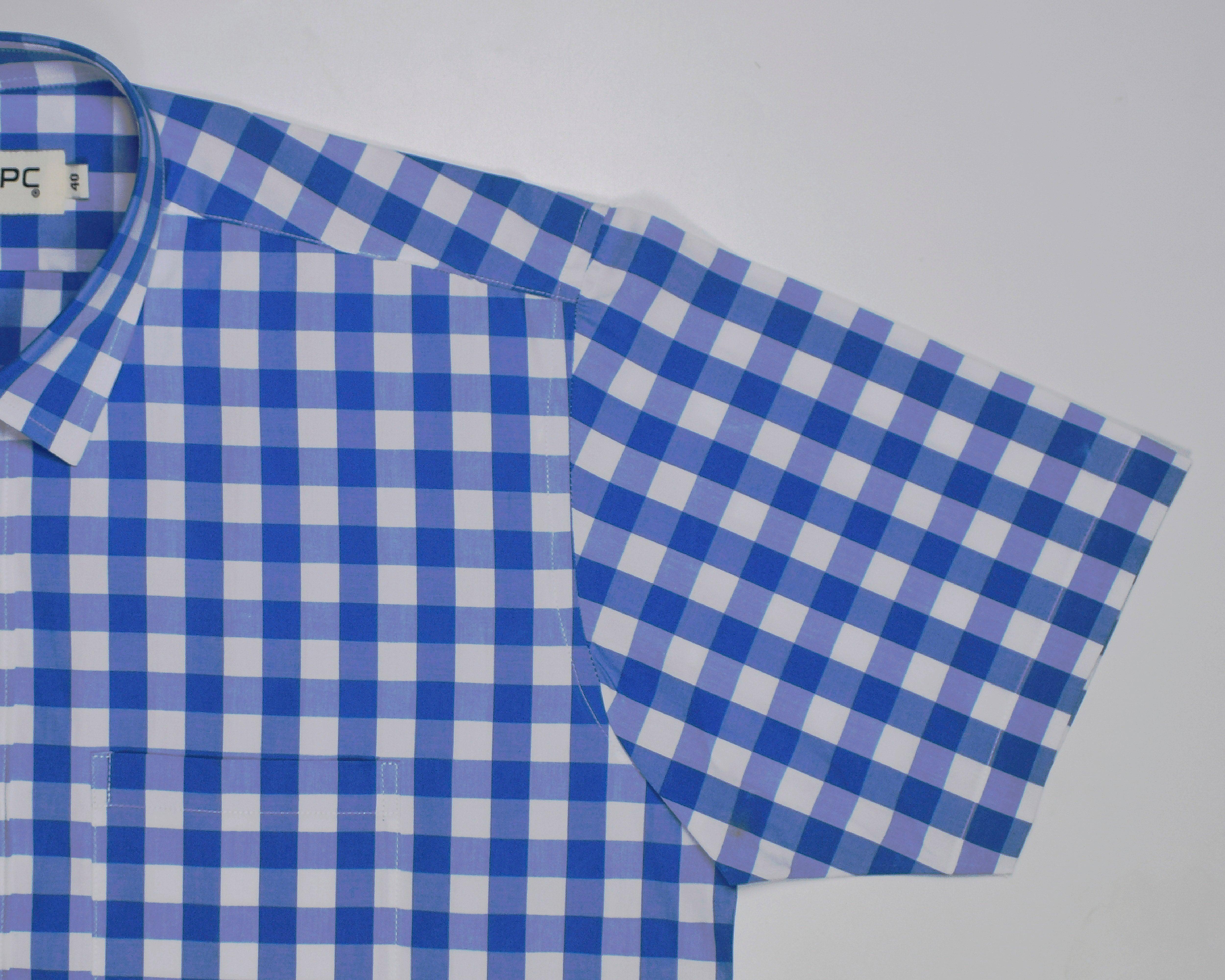 Men's 100% Cotton Gingham Checkered Half Sleeves Shirt (Blue)