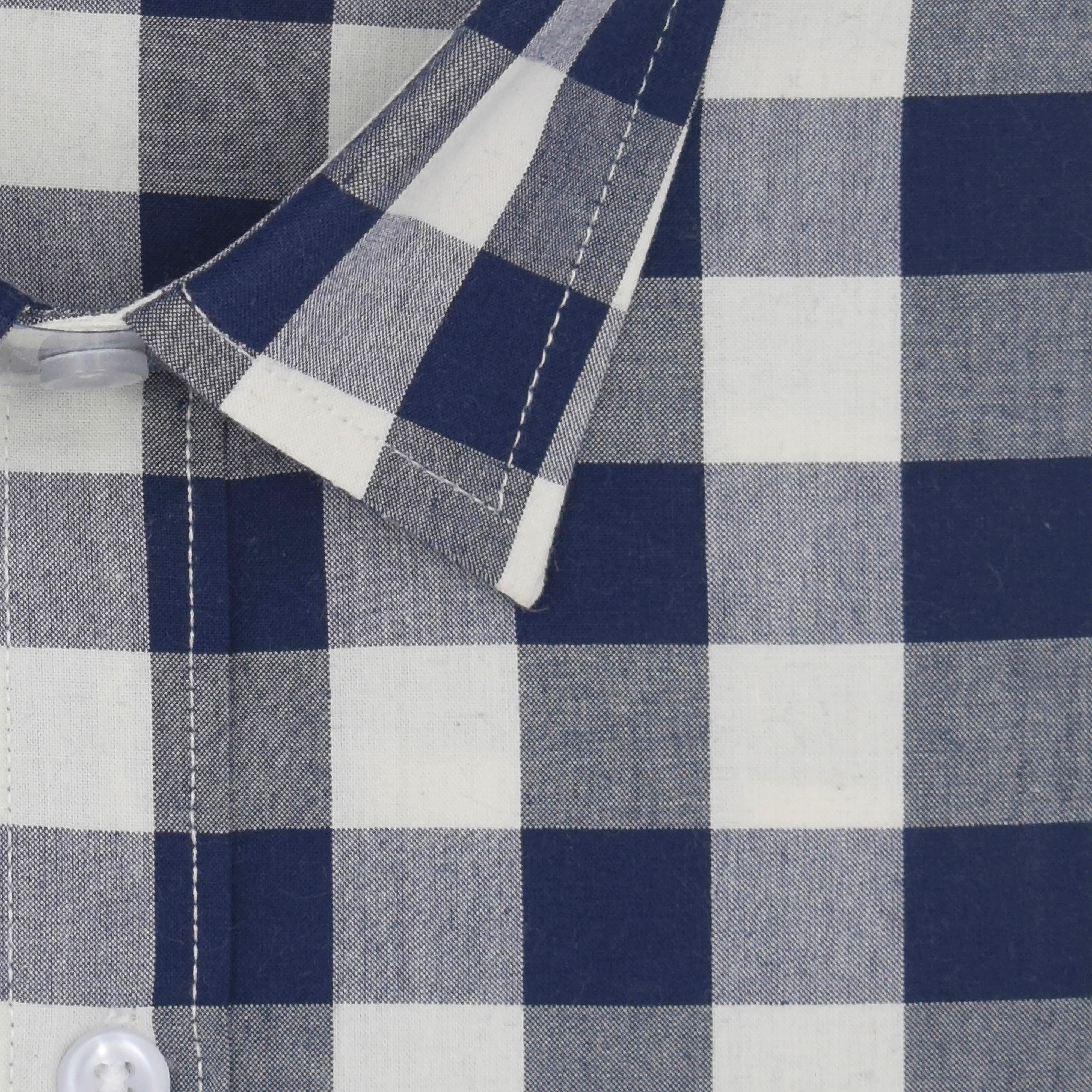 Men's 100% Cotton Gingham Checkered Half Sleeves Shirt (Navy)