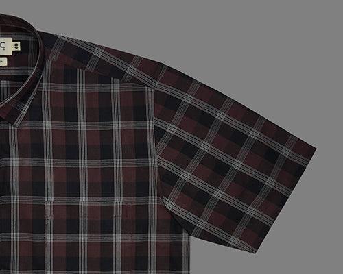 Men's 100% Cotton Grid Tattersall Checkered Half Sleeves Shirt (Brown)