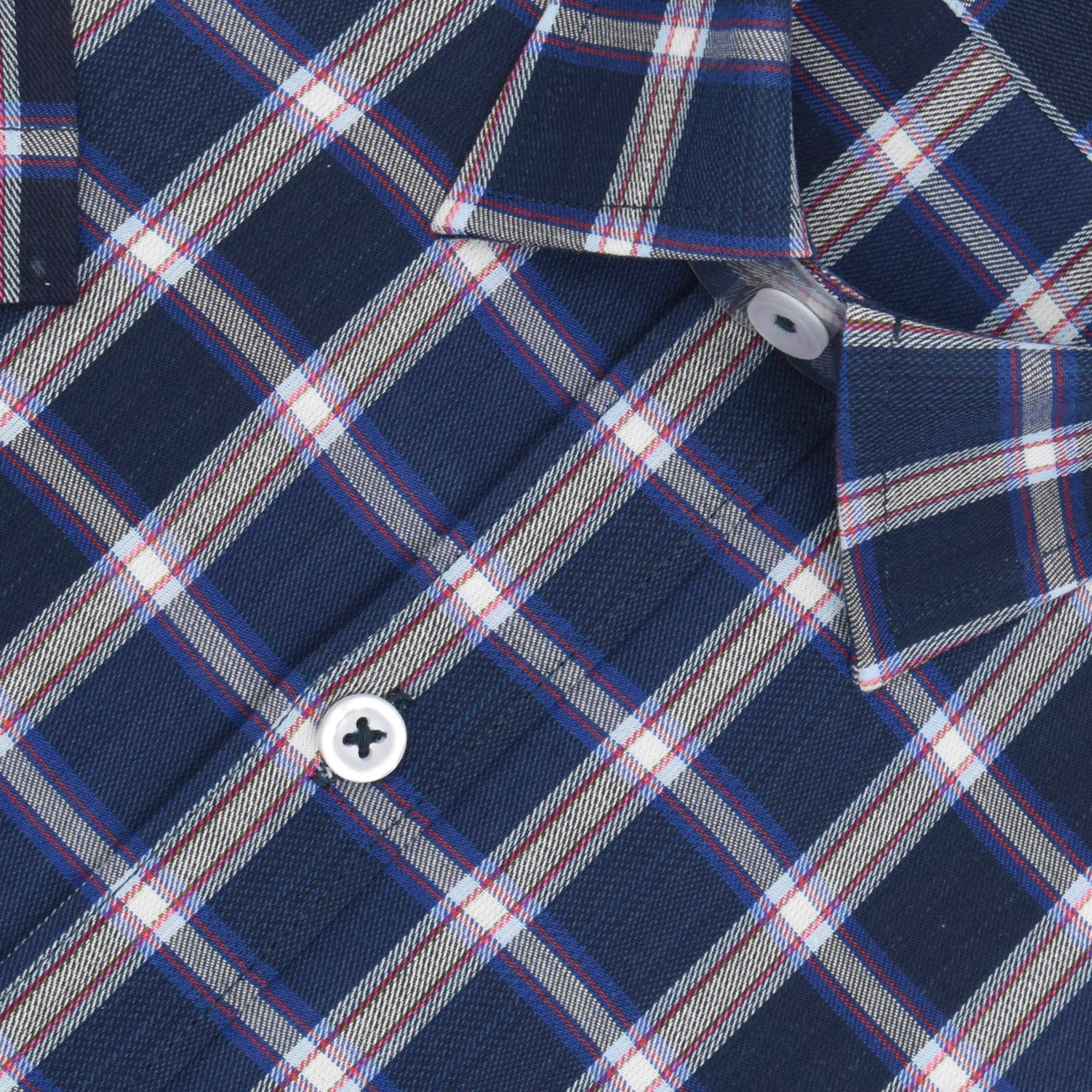 Men's 100% Cotton Grid Tattersall Checkered Half Sleeves Shirt (Navy)