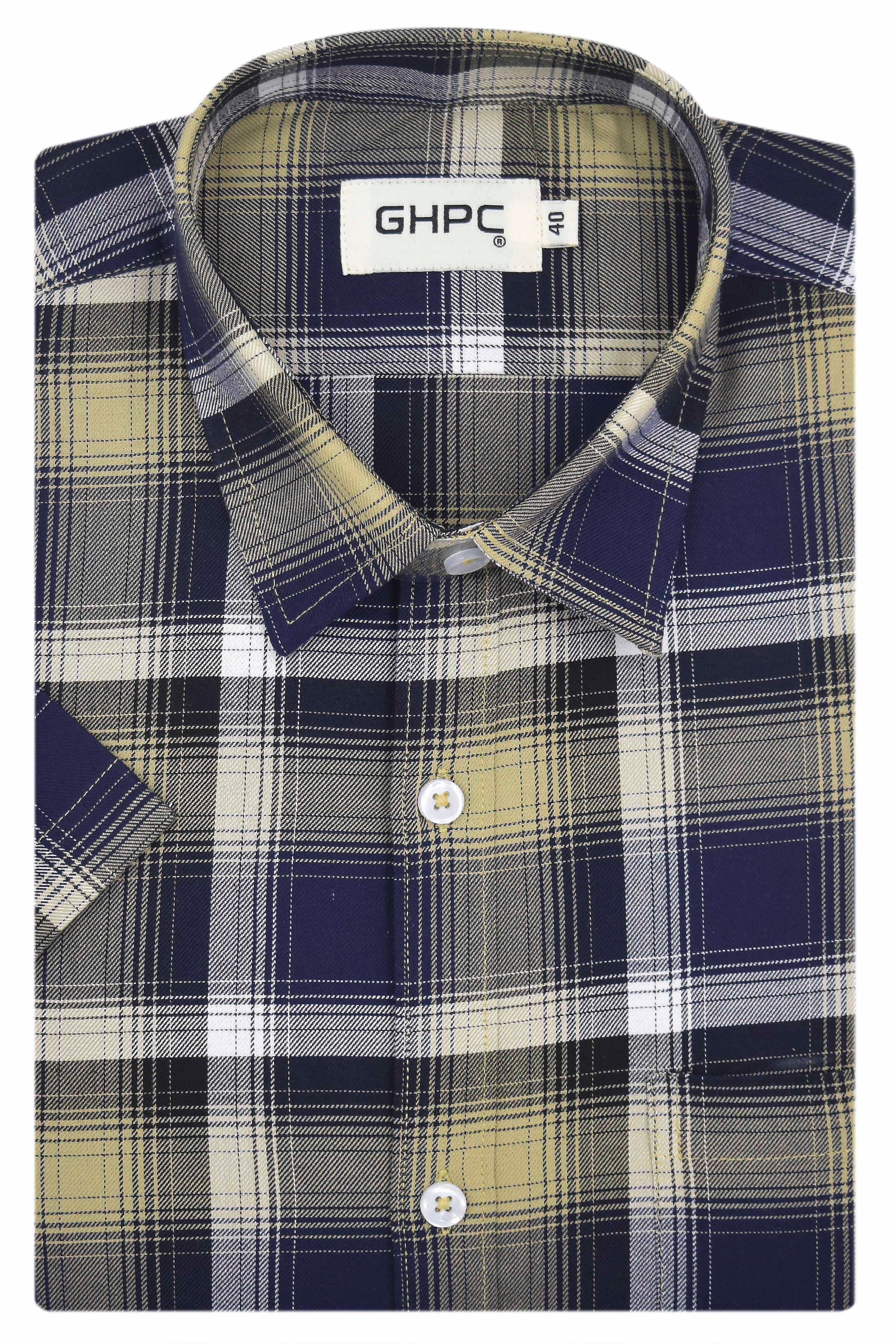 Men's 100% Cotton Madras Checkered Half Sleeves Shirt (Navy)