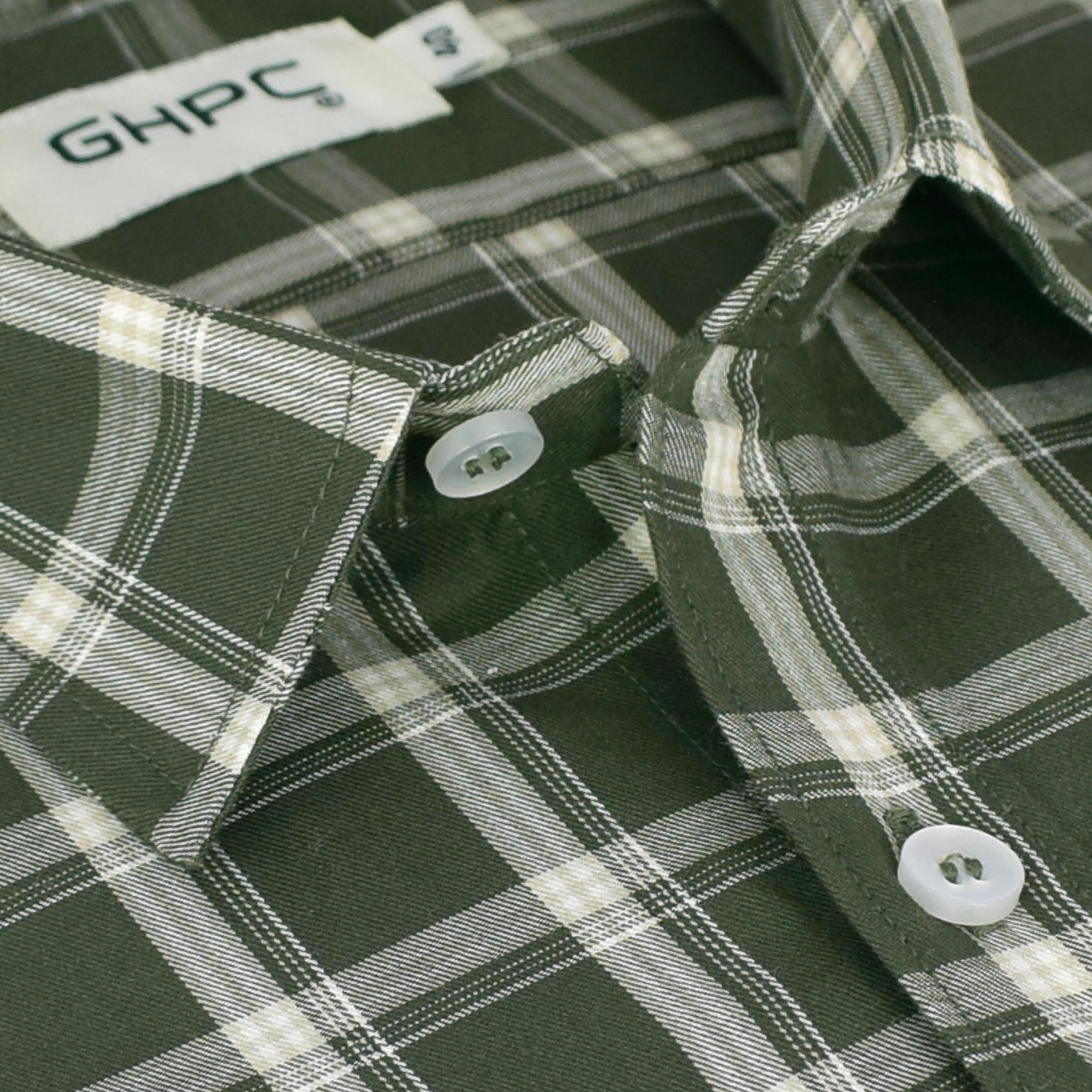 Men's 100% Cotton Tartan Checkered Half Sleeves Shirt (Olive)