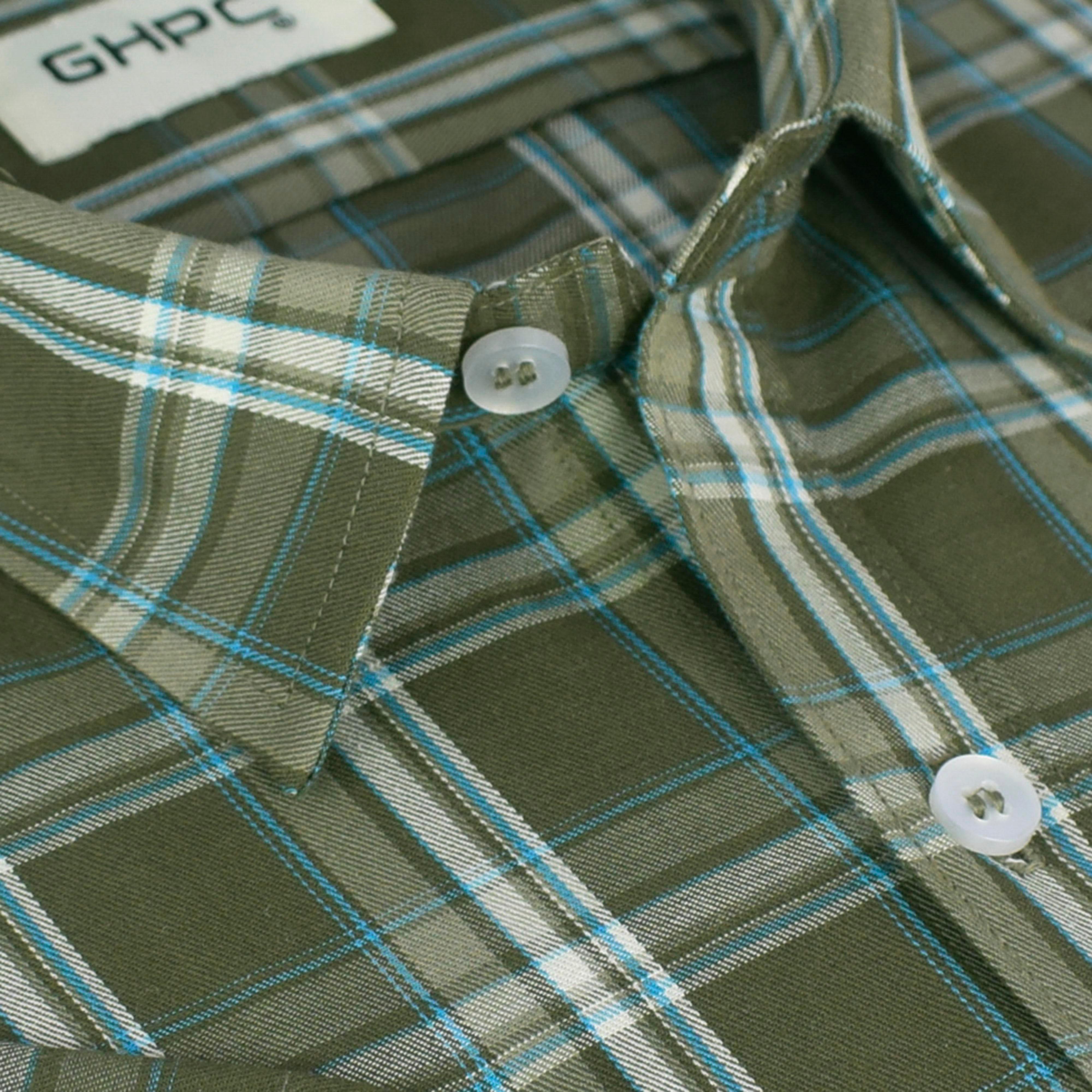 Men's 100% Cotton Tartan Checkered Half Sleeves Shirt (Olive)