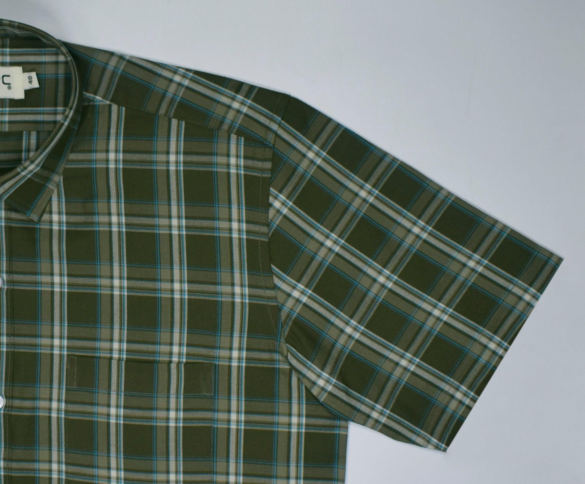 Men's 100% Cotton Tartan Checkered Half Sleeves Shirt (Olive)