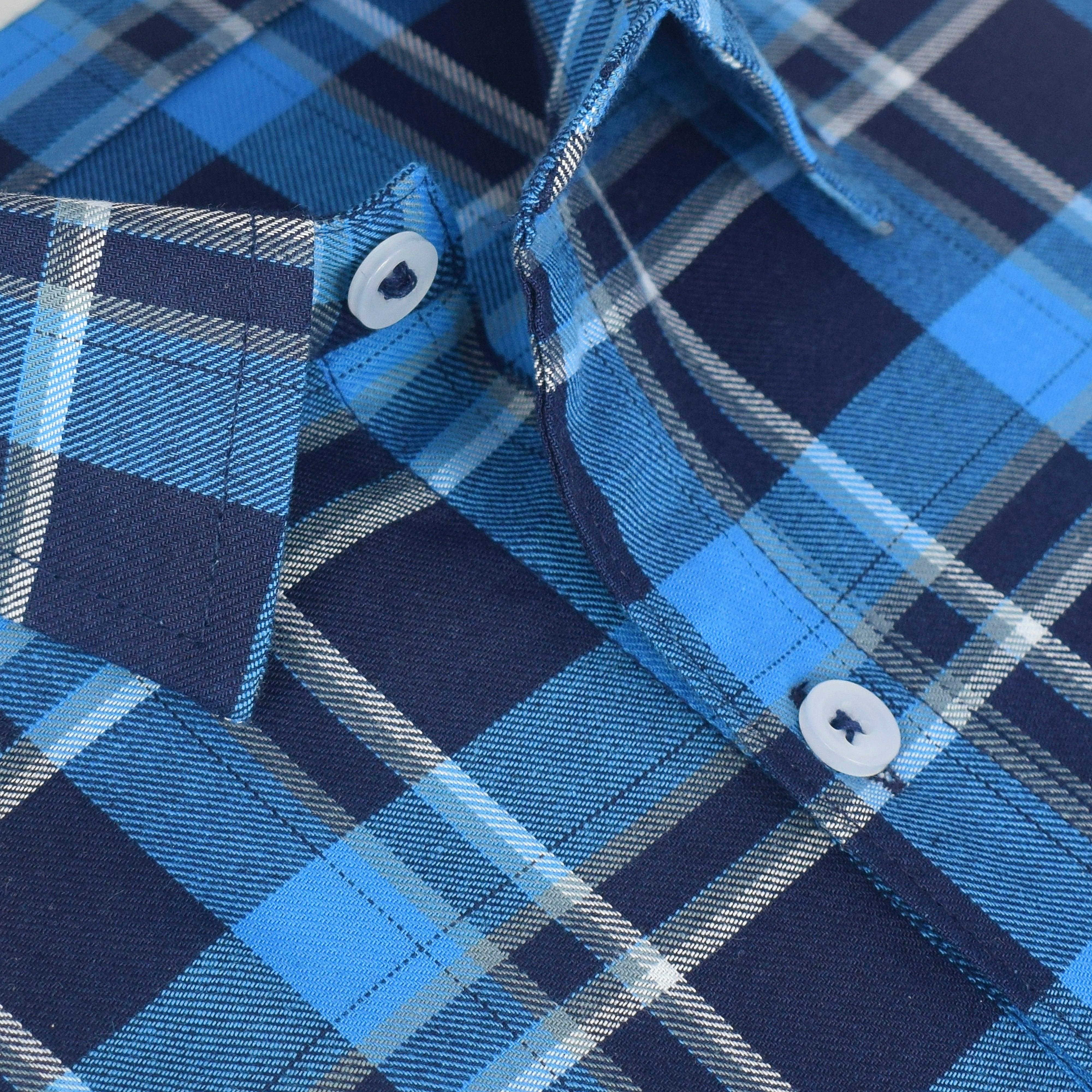 Men's 100% Cotton Windowpane Checkered Half Sleeves Shirt (Blue)