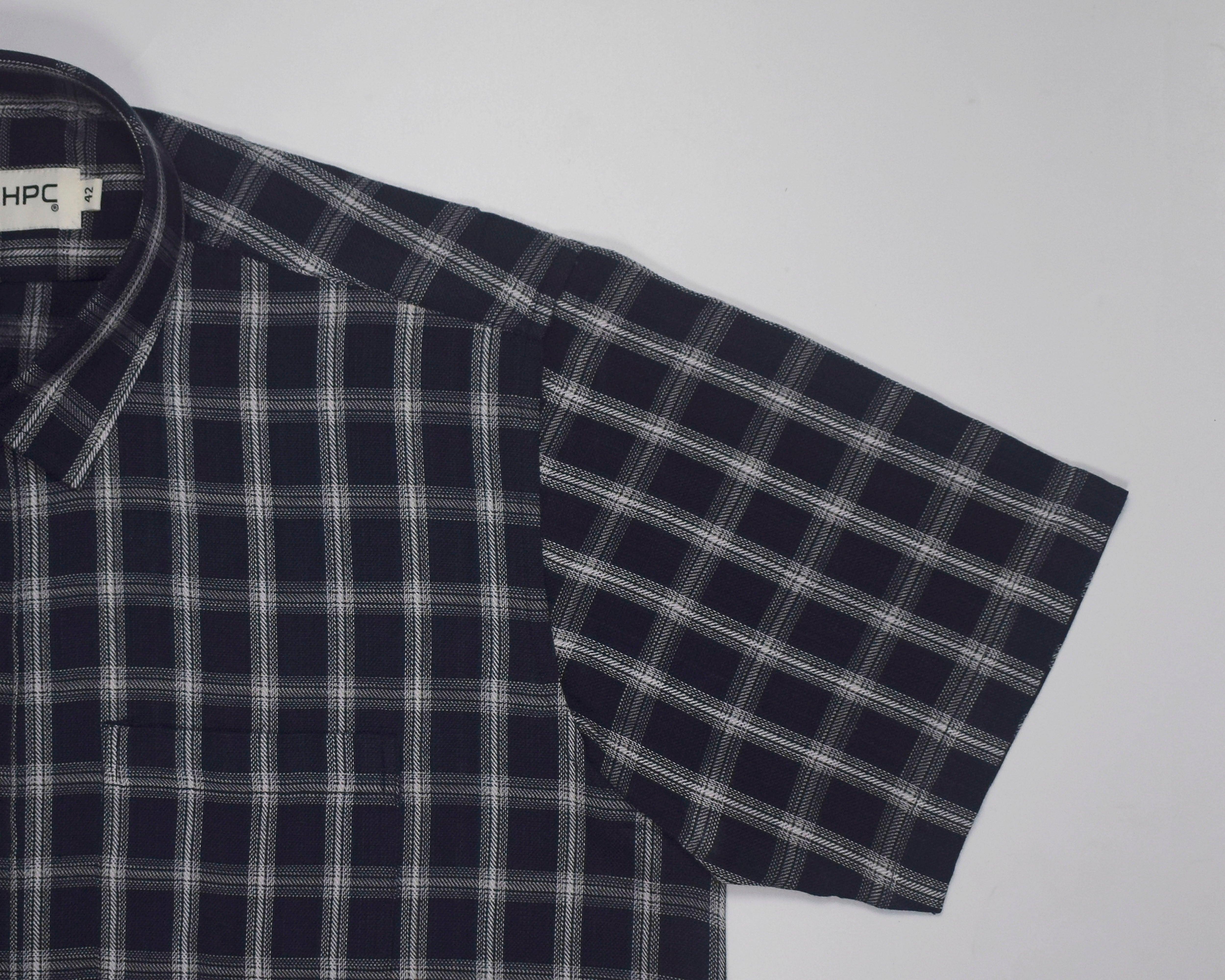 Men's 100% Cotton Windowpane Checkered Half Sleeves Shirt (Navy)