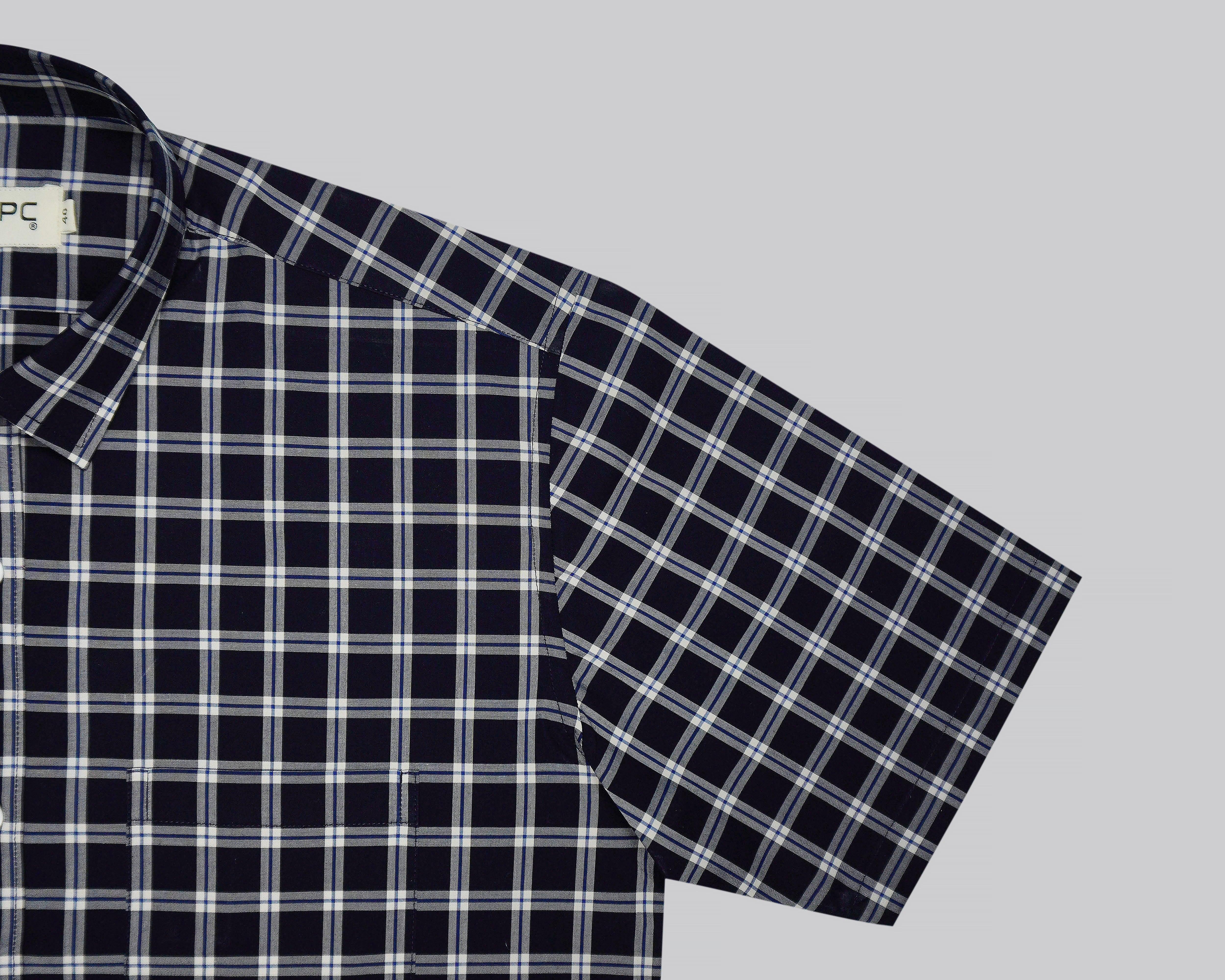 Men's 100% Cotton Windowpane Checkered Half Sleeves Shirt (Navy)