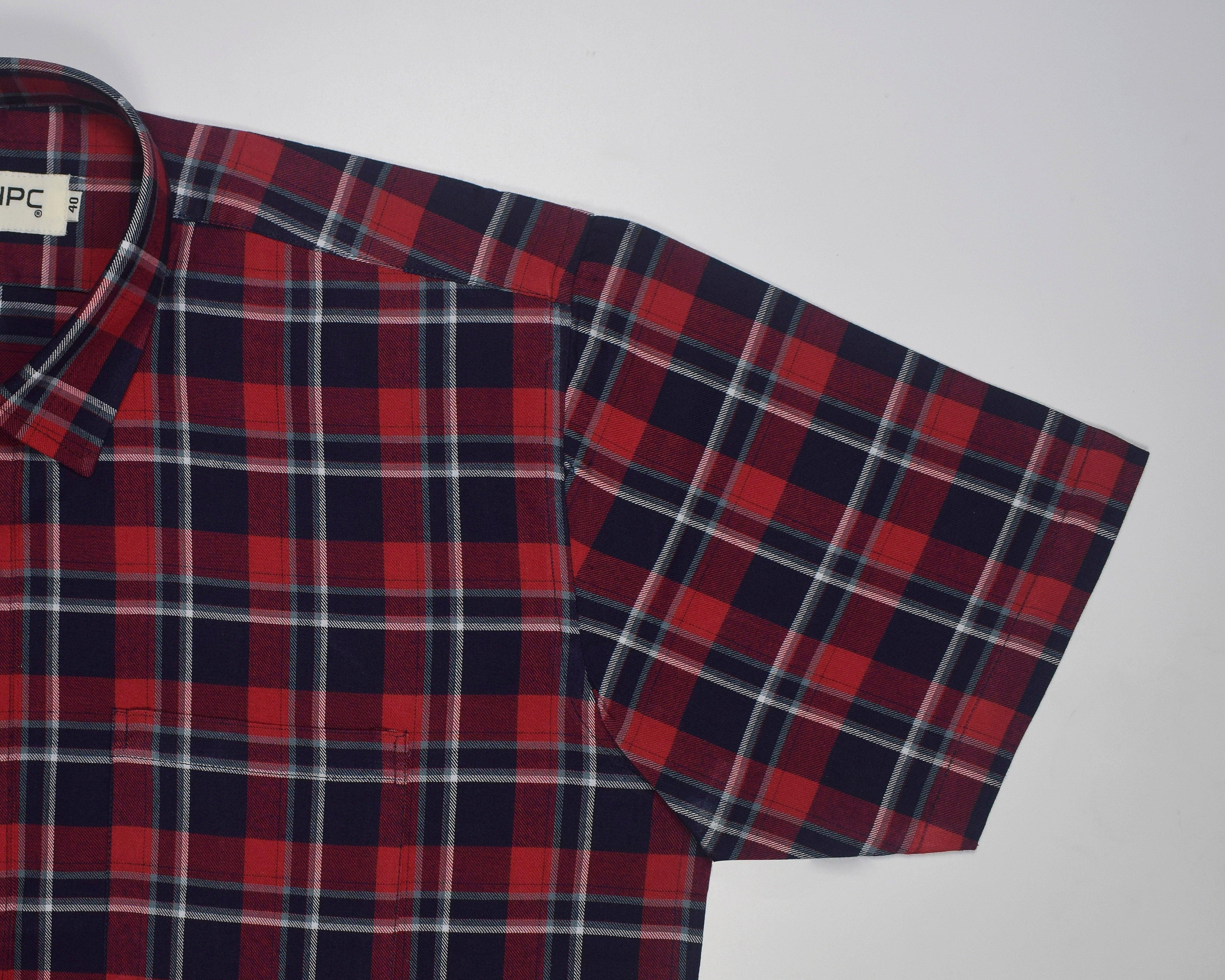 Men's 100% Cotton Windowpane Checkered Half Sleeves Shirt (Red)