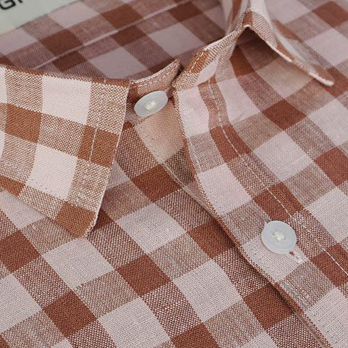 Men's 100% Linen Plaid Checks Half Sleeves Regular Fit Formal Shirt (Peach)