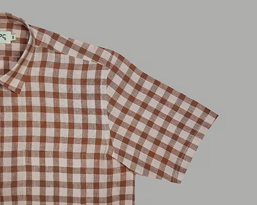 Men's 100% Linen Plaid Checks Half Sleeves Regular Fit Formal Shirt (Peach)