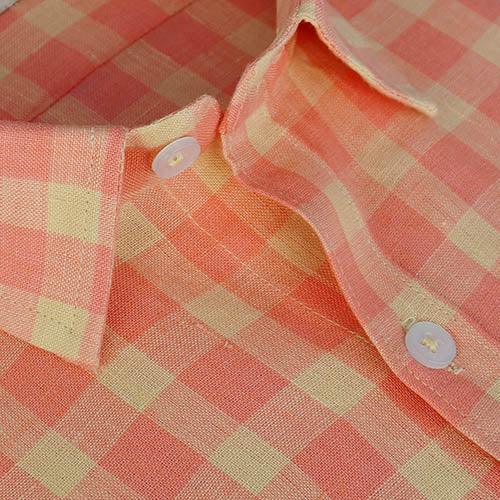 Men's 100% Linen Plaid Checks Half Sleeves Regular Fit Formal Shirt (Pink)