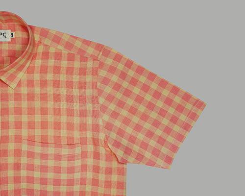 Men's 100% Linen Plaid Checks Half Sleeves Regular Fit Formal Shirt (Pink)